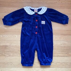 VINTAGE 80s 90s SWEET POTATOES Velour Star Print Pom Pom Collar Jumpsuit